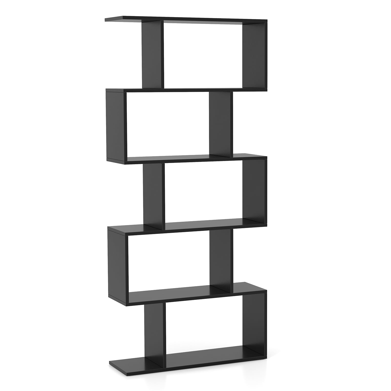 5-Tier Geometric Bookshelf Black, 62.5" Tall Wood S-Shaped Bookcase with Anti-Tipping Device, Floor Standing Display Shelf for Bedroom, Living Room, Study