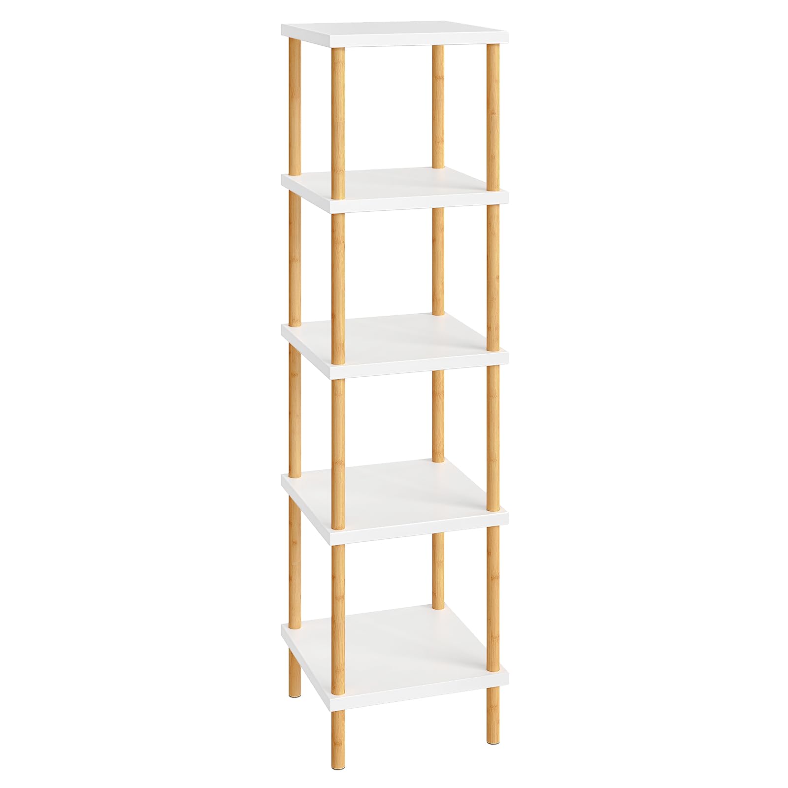 HOOBRO 5-Tier Corner Shelf, Bamboo Corner Square Rack Display Shelf, Tall Storage Rack Plant Stand, Corner Bookcase for Small Spaces, Living Room, Home Office, Kitchen, White and Natural WT21CJ01