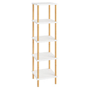 HOOBRO 5-Tier Corner Shelf, Bamboo Corner Square Rack Display Shelf, Tall Storage Rack Plant Stand, Corner Bookcase for Small Spaces, Living Room, Home Office, Kitchen, White and Natural WT21CJ01
