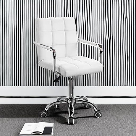 Mid-Back Office Task Chair Ribbed PU Leather Executive Modern Adjustable Home Desk Retro Comfortable