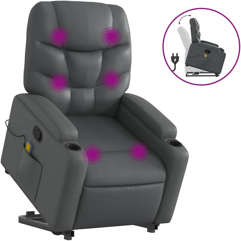 Power Lift Massage Recliner Chair - Faux Leather Armchair with Cup Holders, Manual Recline, USB-Powered Vibration, Gray