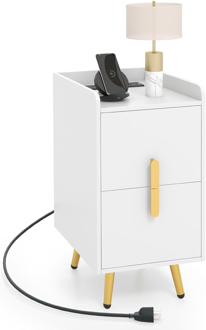 Nightstand with Charging Station, Narrow End Table with 2 Drawers & Metal Gold Legs