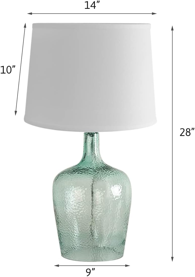 19" h Artisanal Hand-Blown Aqua Green Sea Glass Coastal Style Table Lamp, White Linen