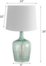 19" h Artisanal Hand-Blown Aqua Green Sea Glass Coastal Style Table Lamp, White Linen