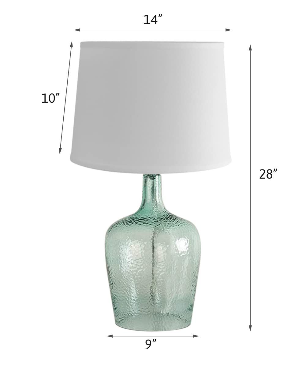 19" h Artisanal Hand-Blown Aqua Green Sea Glass Coastal Style Table Lamp, White Linen