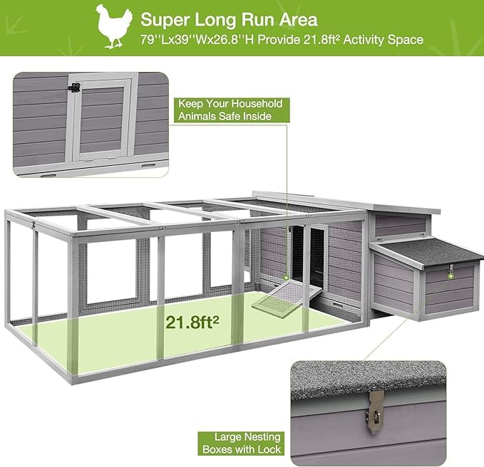 103 in Large Chicken Coop and Run, Outdoor Wooden Chicken House for 4-6 Chickens