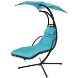 Outdoor Hanging Curved Steel Chaise Lounge Chair Swing w/Built-in Pillow and Removable Canopy, Hanging Curved Chaise Lounge Chair Swing for Patio Porch Poolside, Hammock Chair with Stand (Blue)