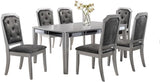 Set for 6 Mirror Trim Rectangular Dining Table with Luxurious Button Chair in Grey/Silver