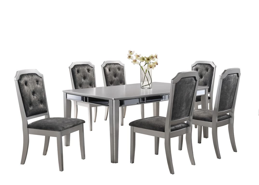 Set for 6 Mirror Trim Rectangular Dining Table with Luxurious Button Chair in Grey/Silver