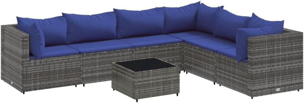 7 Piece Patio Lounge Set - Gray PE Rattan - Cushions Included