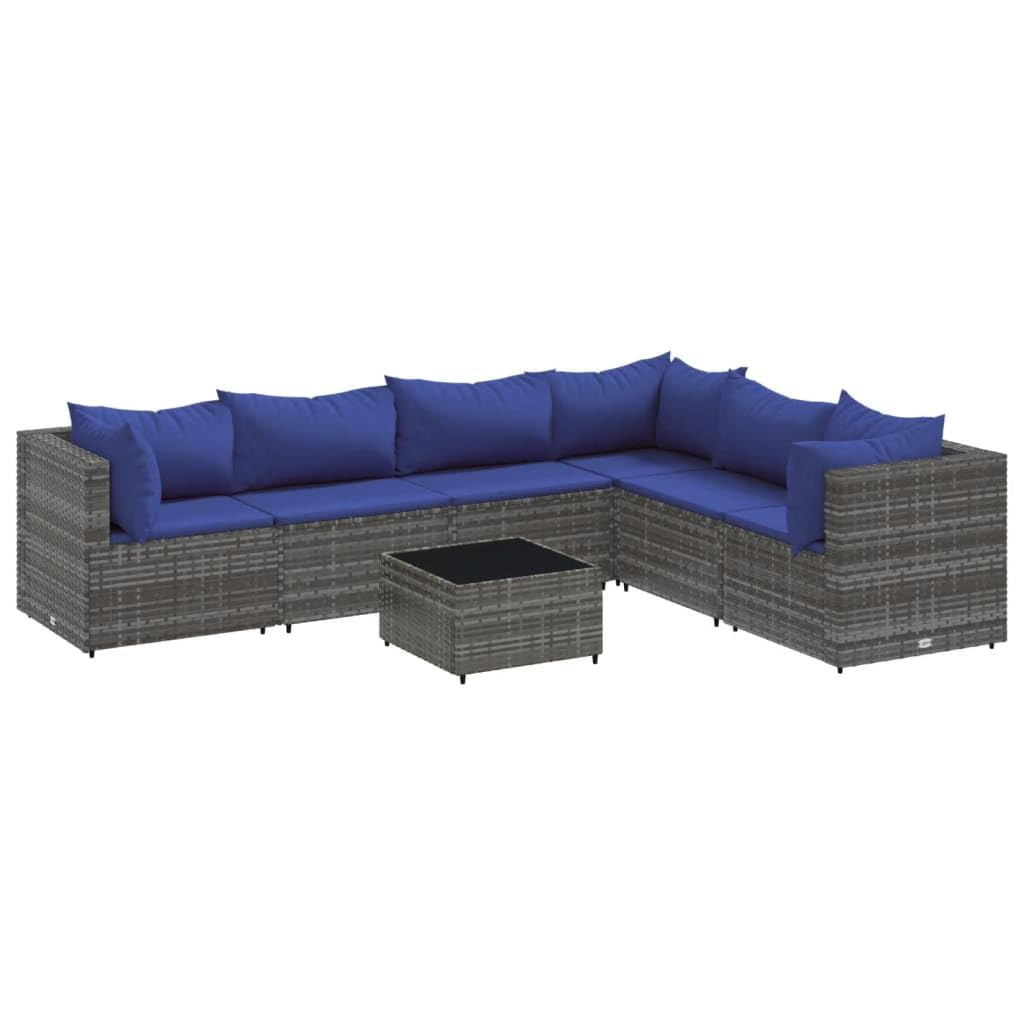 7 Piece Patio Lounge Set - Gray PE Rattan - Cushions Included