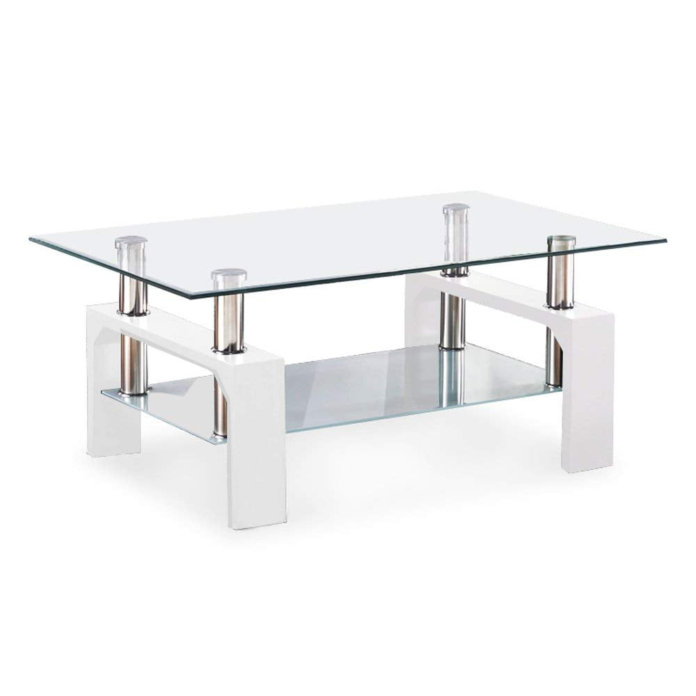 Rectangle Glass Coffee Table-White Modern Side Coffee Table with Lower Shelf Metal Legs