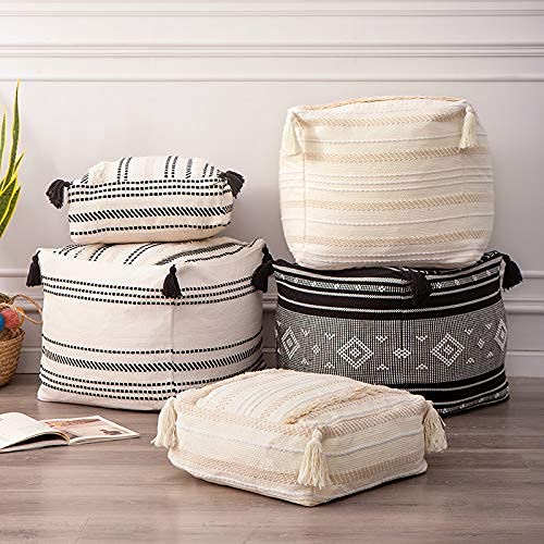 Woven Sofa and Stool Cushion with Tassels - American Style Solid Color Pouf for Living