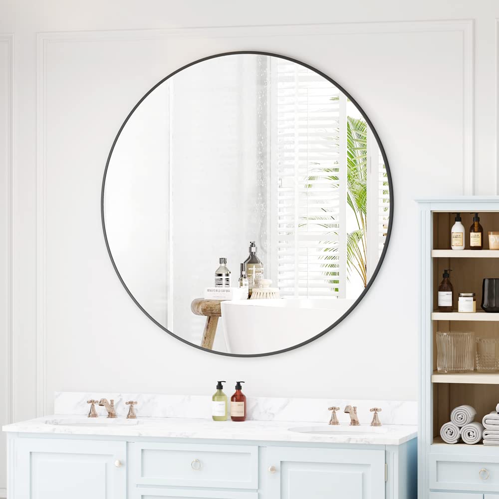 42" Round Mirror, Black Circle Bathroom Wall Mounted Mirror, Modern Deep