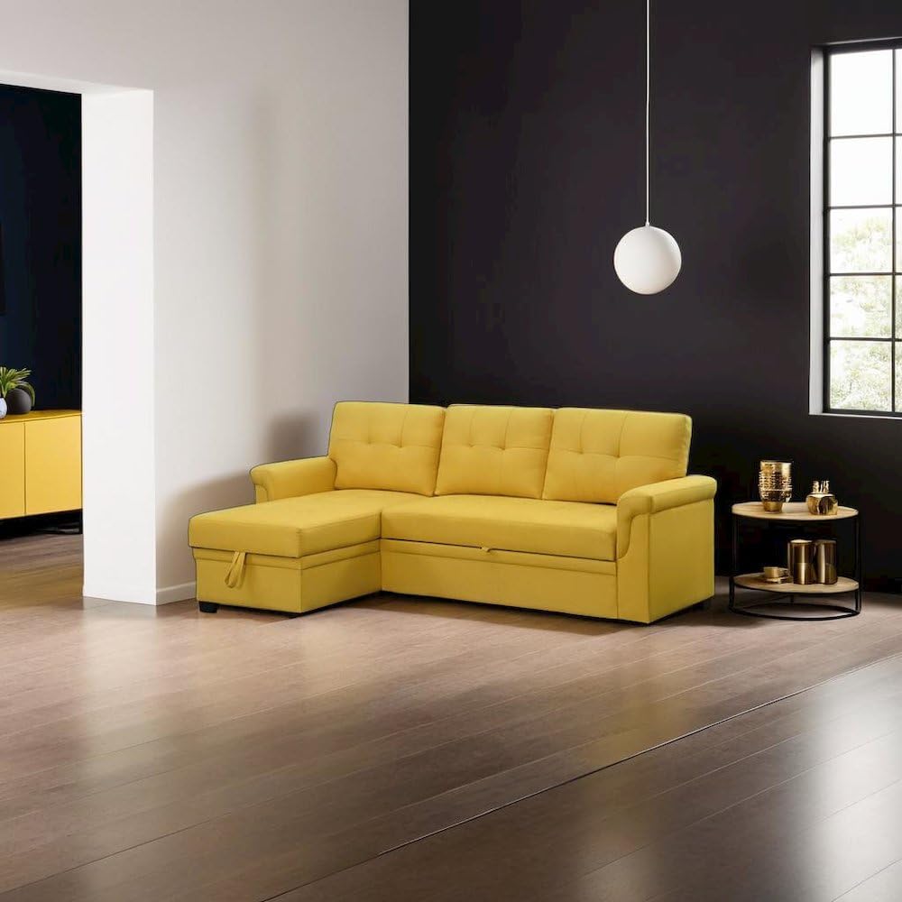 Yellow Linen Reversible Sleeper Sectional Sofa