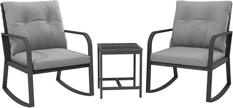 3 Pieces Patio Bistro Set Outdoor Rocking Chair w Cushion for Yard Garden Poolside (Red)
