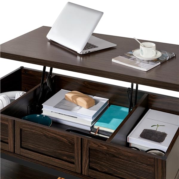 Lift Top Coffee Table with Hidden Compartments & Bottom Open Shelf