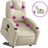 Electric Massage Recliner Chair - Cream Faux Leather Stand-up Armchair with Vibration Massage, Power Lift, Cup Holders for Living Room Comfort