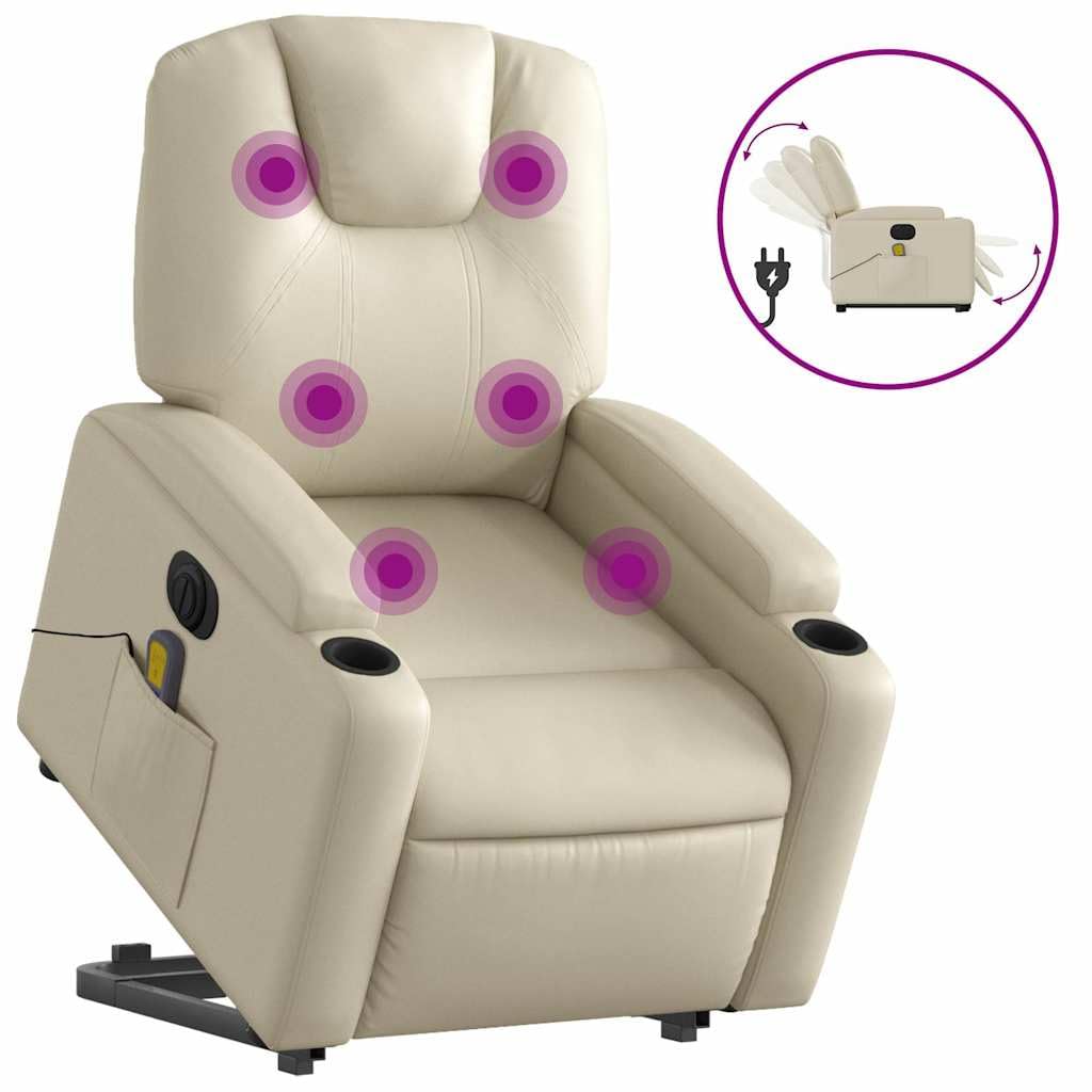 Electric Massage Recliner Chair - Cream Faux Leather Stand-up Armchair with Vibration Massage, Power Lift, Cup Holders for Living Room Comfort