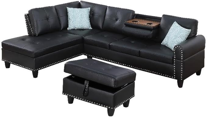 Transitional PU Faux Leather Sectional Sofa with Lift-top Storage Ottoman