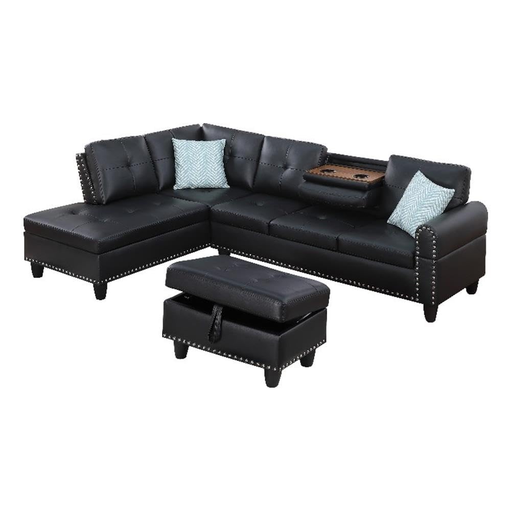 Transitional PU Faux Leather Sectional Sofa with Lift-top Storage Ottoman