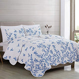 Floral Full/Queen Quilt Set with Shams, Blue Floral Bedding Set, All-Season