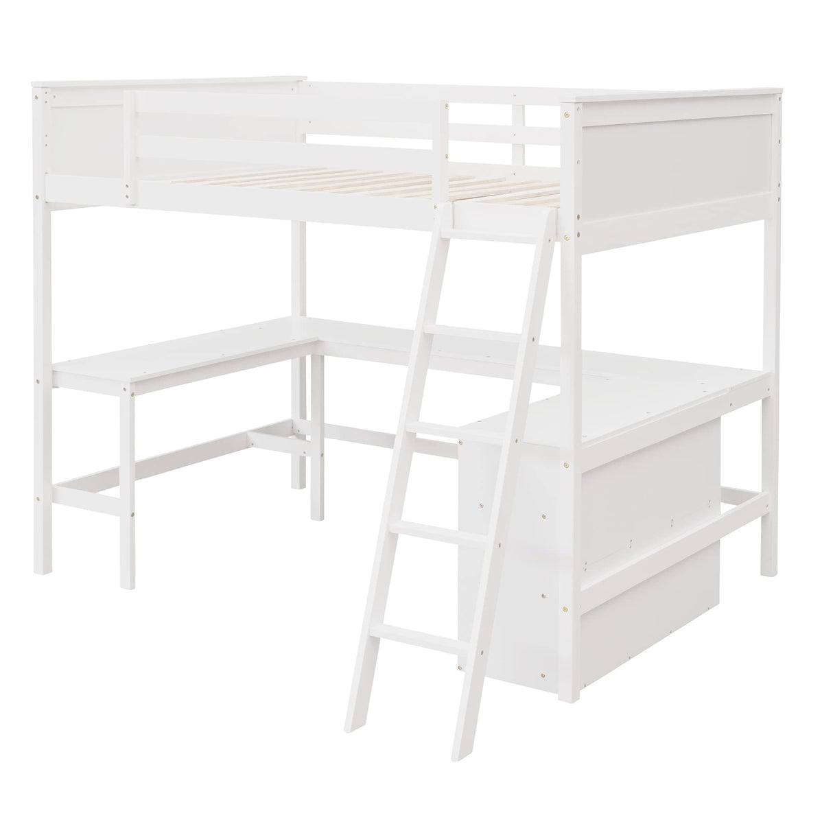 Full Size Loft Bed with Shelves and Desk, Wooden Loftbed Frame with w/Ladder for Kids