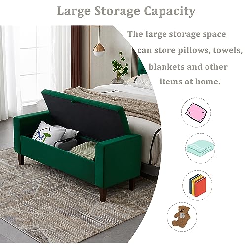 Upholstered Storage Ottoman, Button-Tufted Entryway Bench with Solid Wood Legs