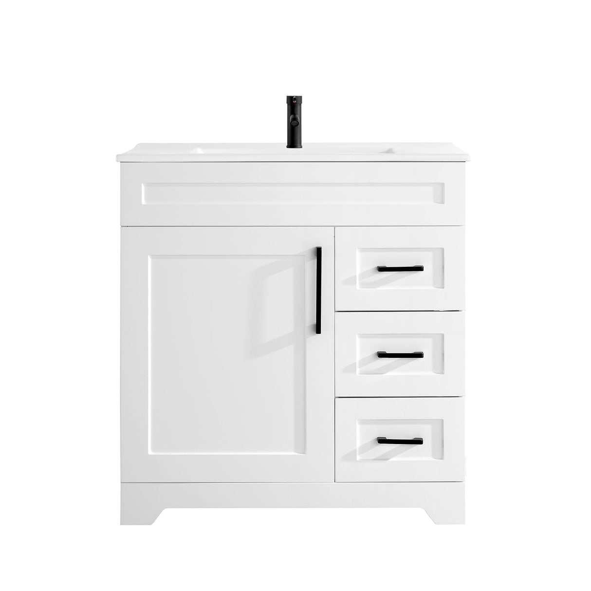 BUPWHEK 30” Luxurious Bathroom Vanity with Ceramic Sink Combo, White Bathroom Cabinet with 1 Soft Closing Door & 3 Full Extension Drawers, Faucet and Pop Up Drain Included