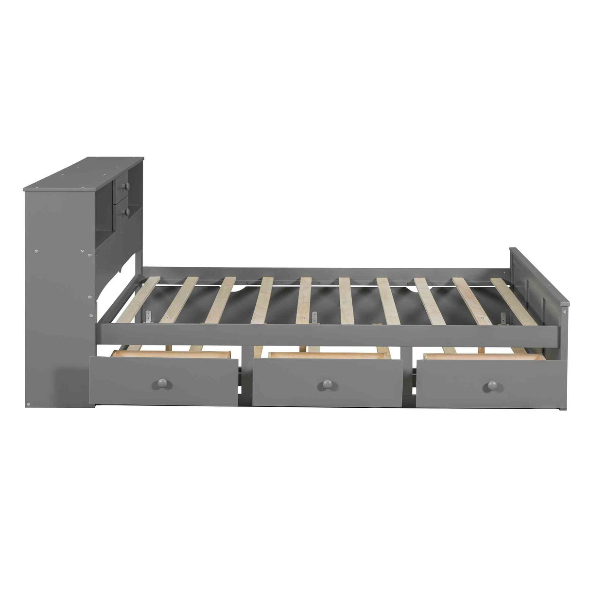 Platform Bed with 3 Drawers, Trundle and Charging Station, Wooden Bedframe w/Storage