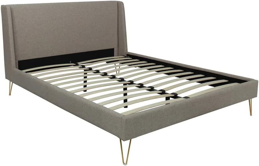 Upholstered Bed Frame with Unique Angled Brass Legs