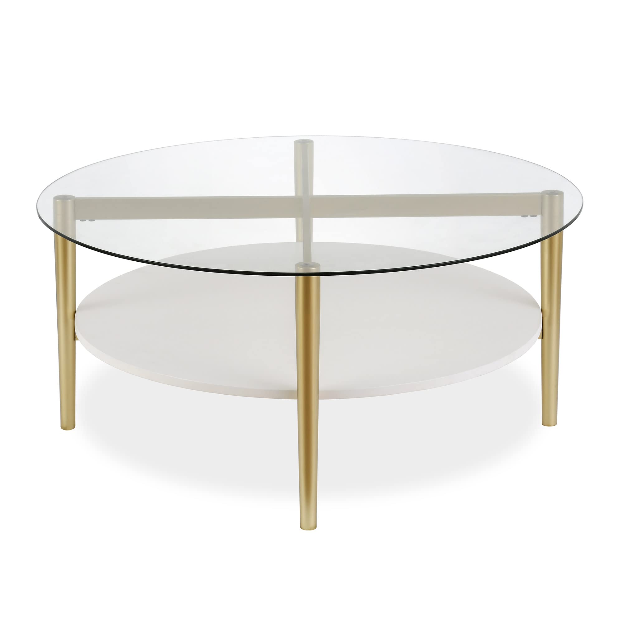 Otto 36'' Wide Round Coffee Table with MDF Shelf in Brass/White Lacquer