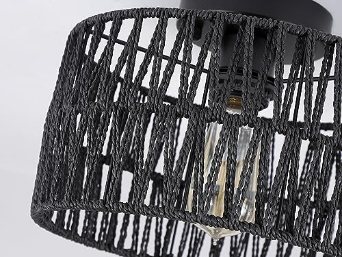 Coastal Black Woven Flush Mount Light Fixture Rustic Industrial Hemp Rope Round Flush