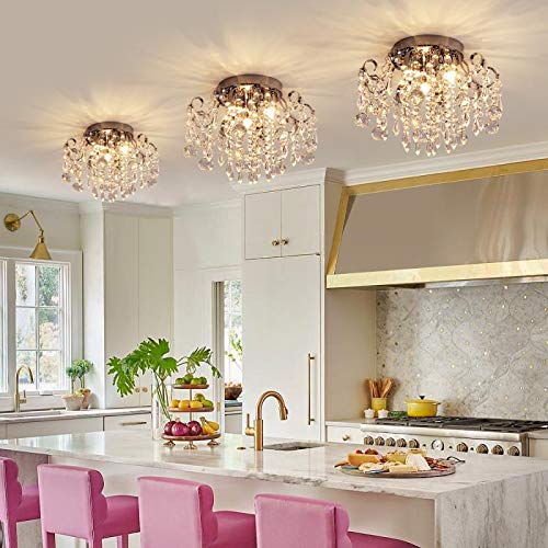 Small Crystal Chandelier Flush Mount Ceiling Light 3 Lights Modern Chrome Iron Raindrop