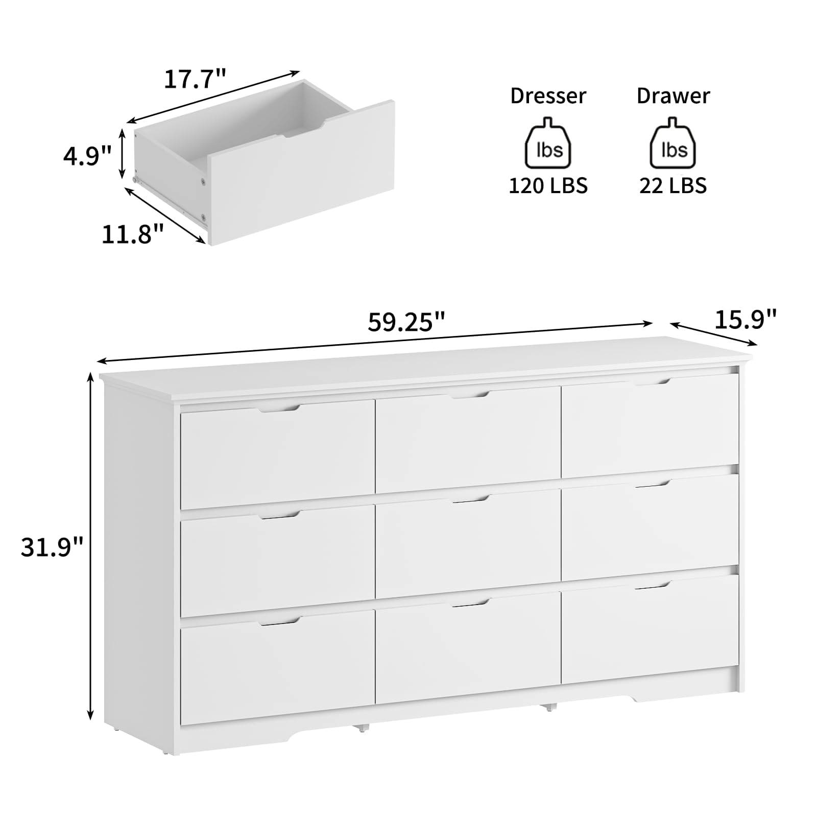 9 Drawer White Dresser for Bedroom with Deep Drawers