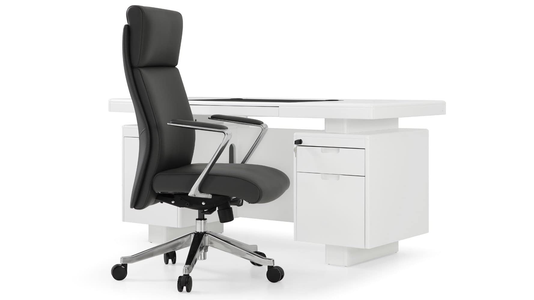 Monroe White Lacquer Modern Desk with Leather Pad and Storage