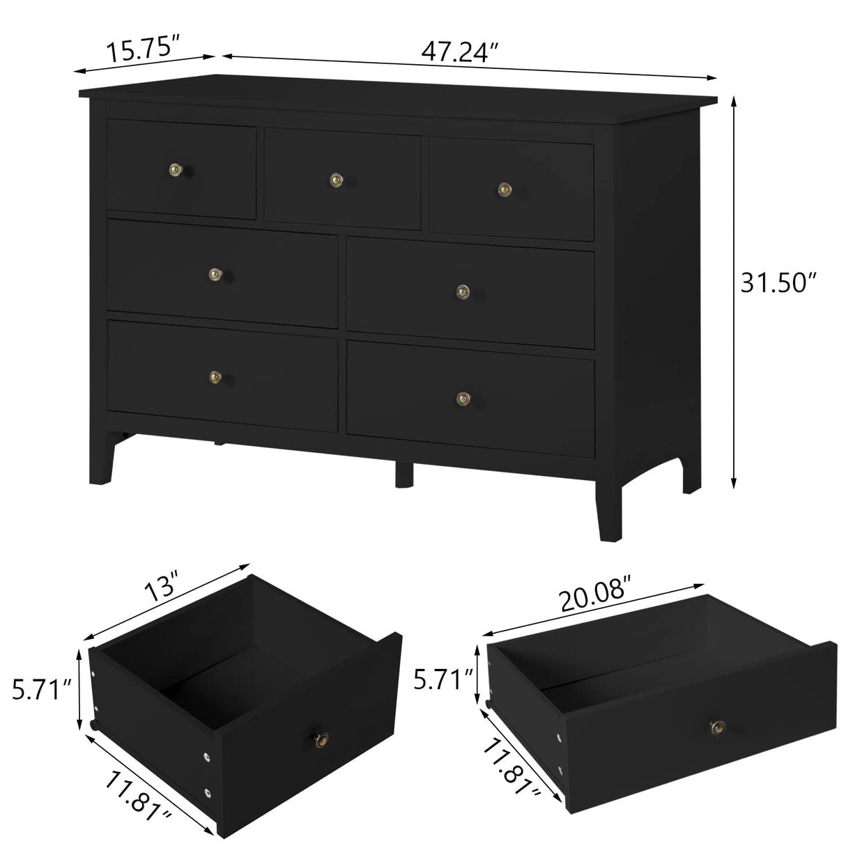 Black Dresser - Modern Dresser for Bedroom, Wooden 7 Drawer Dresser