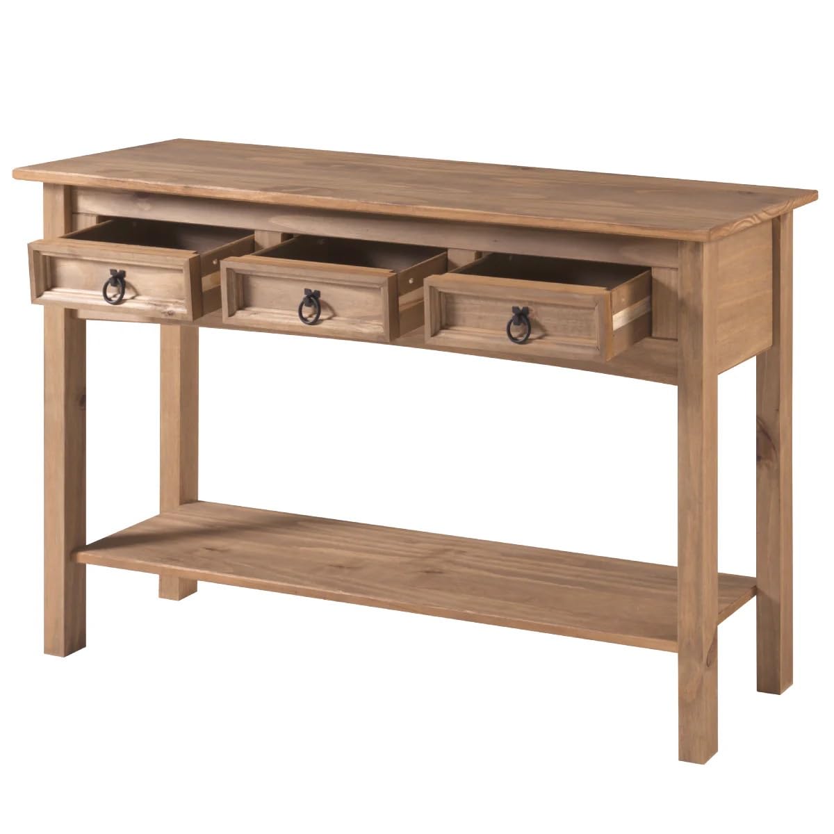 Solid Pine Hall Table Console with 3 Drawers - Corona Brown