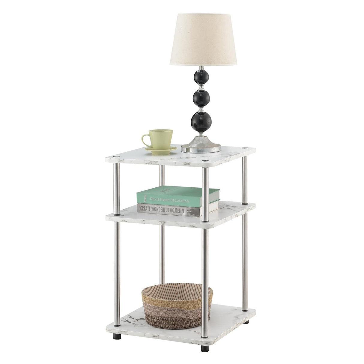 Designs2Go No Tools 3-Tier End Table, Faux White Marble/Chrome