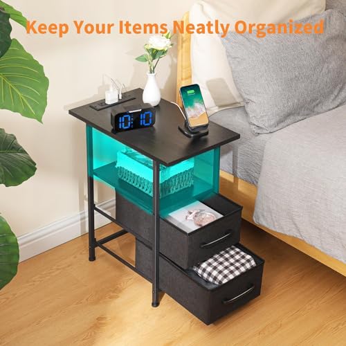 Narrow Side Table Set 2 with LED Light and USB C Port, Night Stand with Charging Station