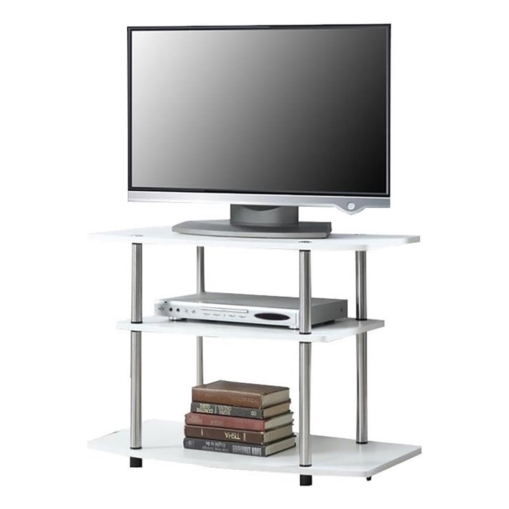 Easy Assembly No Tools Required 32" TV Stand Entertainment Console with 3 Tier Storage Shelves in White and Stainless Steel Clad Finish