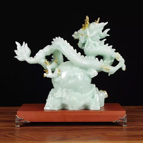 12.2 INCH Chinese Feng Shui Dragon Lucky Jade Color Figurine Statue