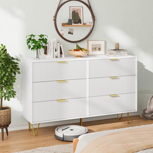 Modern Dresser for Bedroom, 6 Drawer Double Dresser with Gold Handles