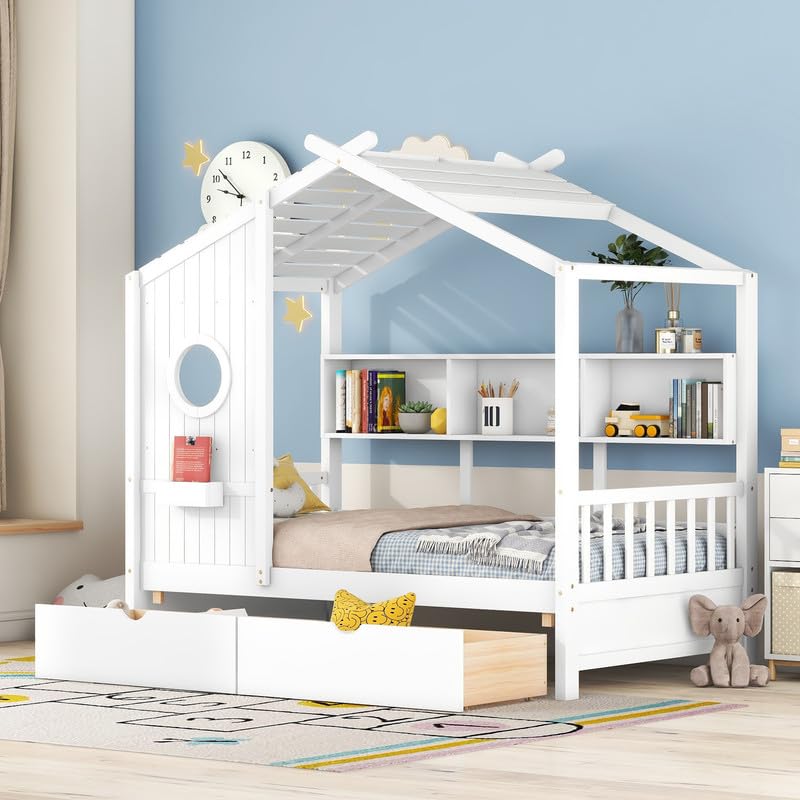 Twin Bed Frames with Storage, Twin Size House Bed with 2 Drawers and Side Shelves