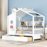 Twin Bed Frames with Storage, Twin Size House Bed with 2 Drawers and Side Shelves