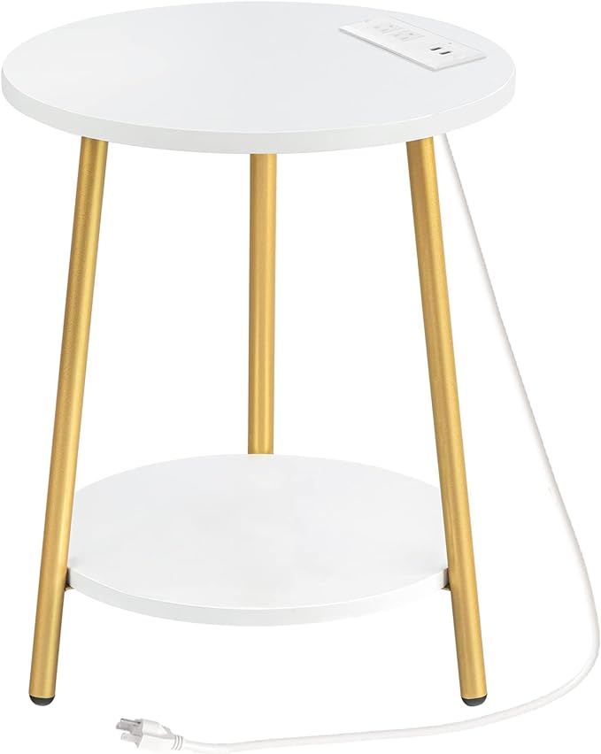 Round End Table with Charging Station, 2-Tier Small Circle Side Table