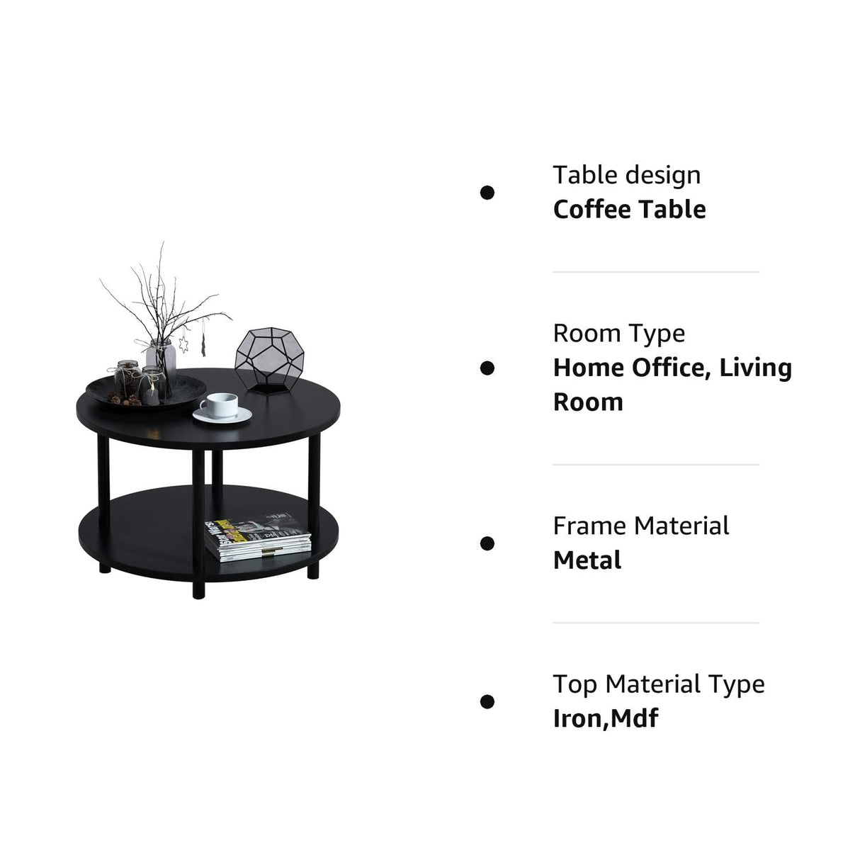 Small Round Coffee Table with Open Storage for Small Space, 23.5" Black 2-Tier Wooden