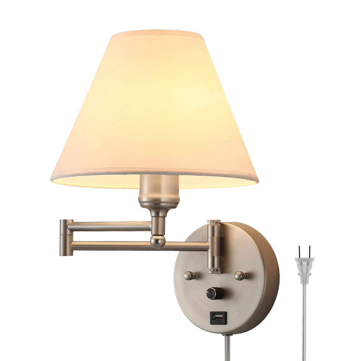 Swing Arm Wall Sconces, Plug-in Wall lamp,Bedroom Wall lamp ， White Fabric Shade，，with dimmable Switch and USB Charging Port, Suitable for Bedside, Living Room, Reading (Nickel)