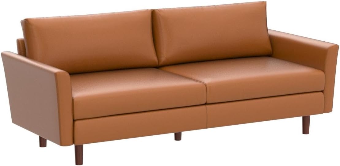 80'' Faux Leather Sofa Couch, Mid-Century Modern Sofa with Solid Wooden Frame & Padded Cushions, 3-Seater Couch for Living Room, Apartment, Lounge Room (Brown)