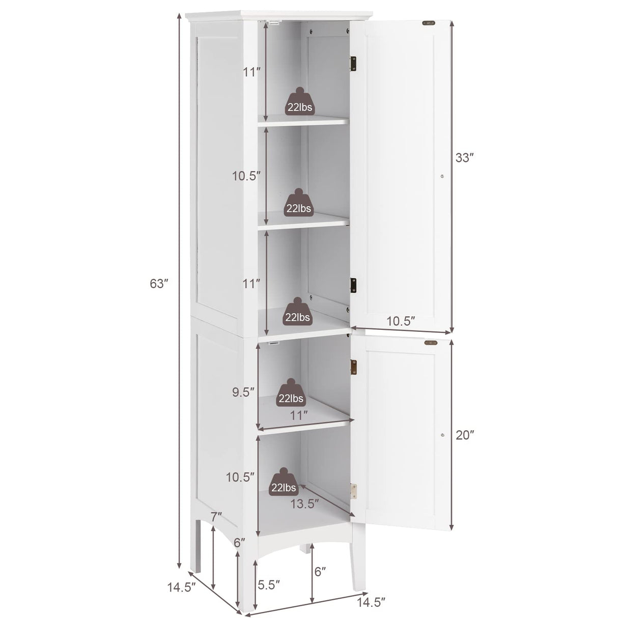 Storage Cabinet Bathroom High Cabinet with 5 Tier Storage Shelves, Freestanding Slim Cabinet,